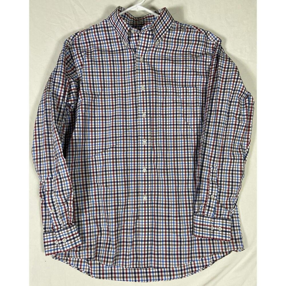 Jos A Bank Traveler Button Up Shirt Mens M Plaid Red White Blue Long Sleeve